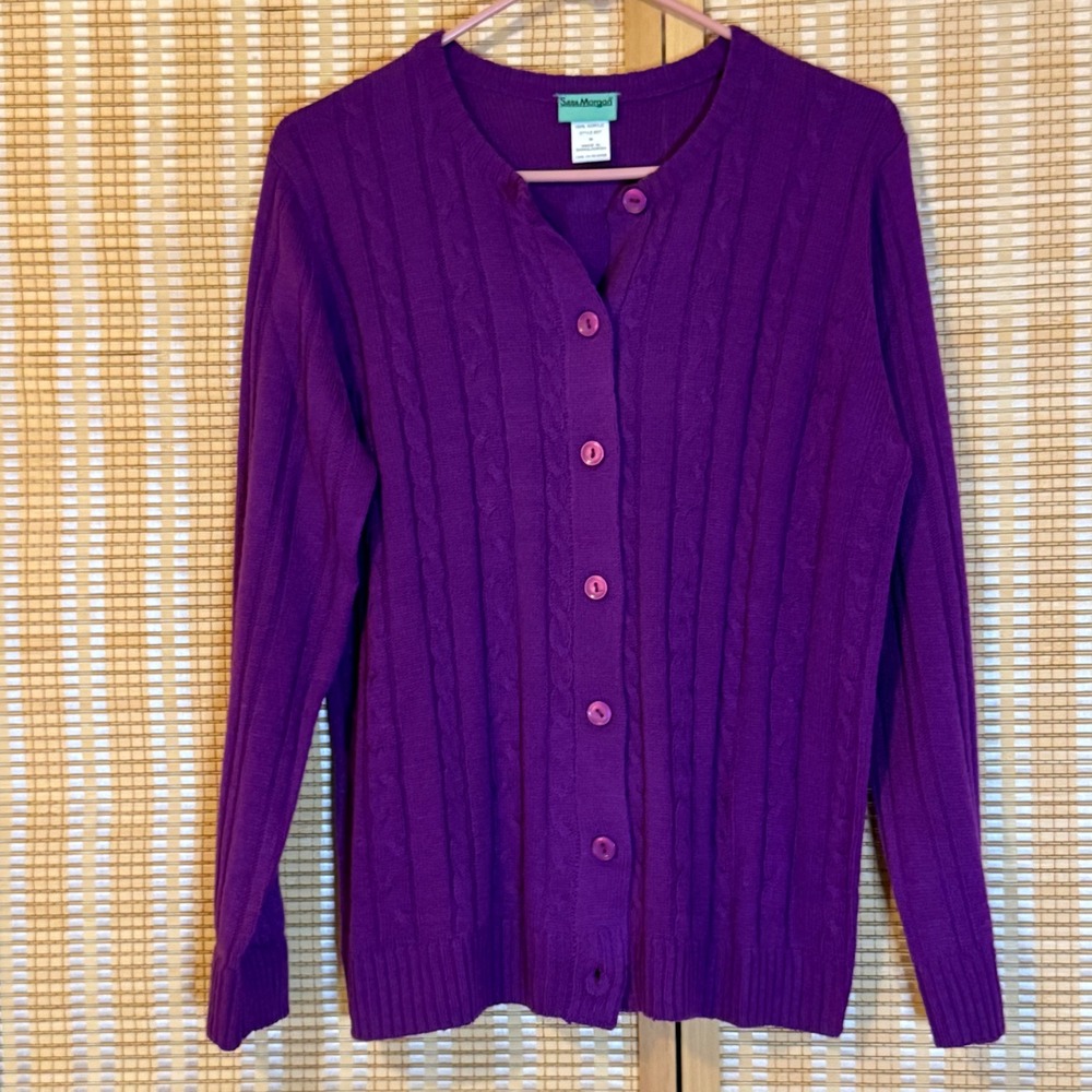Sara‎ Morgan Purple Cable Knit Cardigan Sweater Womens Medium Button Front